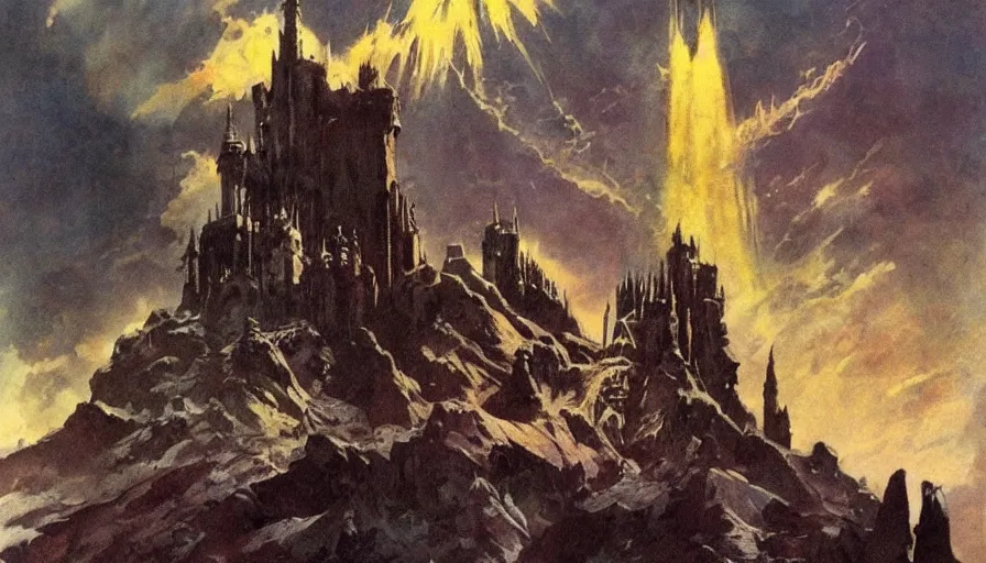 Image similar to an evil fortress, artwork by frank frazetta