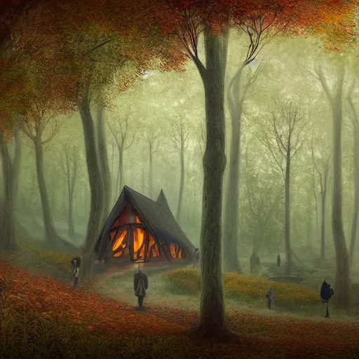 Prompt: shamans hut in an autumn forest, green and brown tones, by Aron Wiesenfeld and beksincki, cinematic, detailed illustration, nature, fog, dark colors, suspense, intricate, 8k