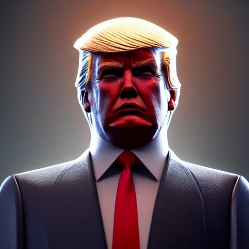 Image similar to donald trump full body detailed, ethereal, cyborg biomechanics, covered in blood diamonds and other gems glowing, highly detailed face, evil posed, evil expression, intricate, extremy detailed, beeple, cgsociety, 3 d unreal engine octane render. cinematic lighting, highly detailed 4 k art