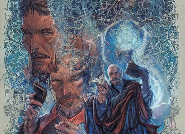 Prompt: a highly detailed mystical portrait of stephen strange, james gurney, james jean