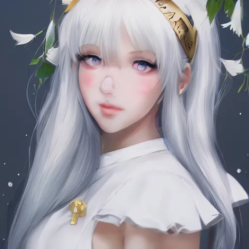 Image similar to realistic beautiful gorgeous natural cute young teenager girl white hair cute white cat ears in maid dress outfit golden eyes artwork drawn full HD 4K highest quality in artstyle by professional artists WLOP, Taejune Kim, Guweiz, ArtGerm on Artstation Pixiv