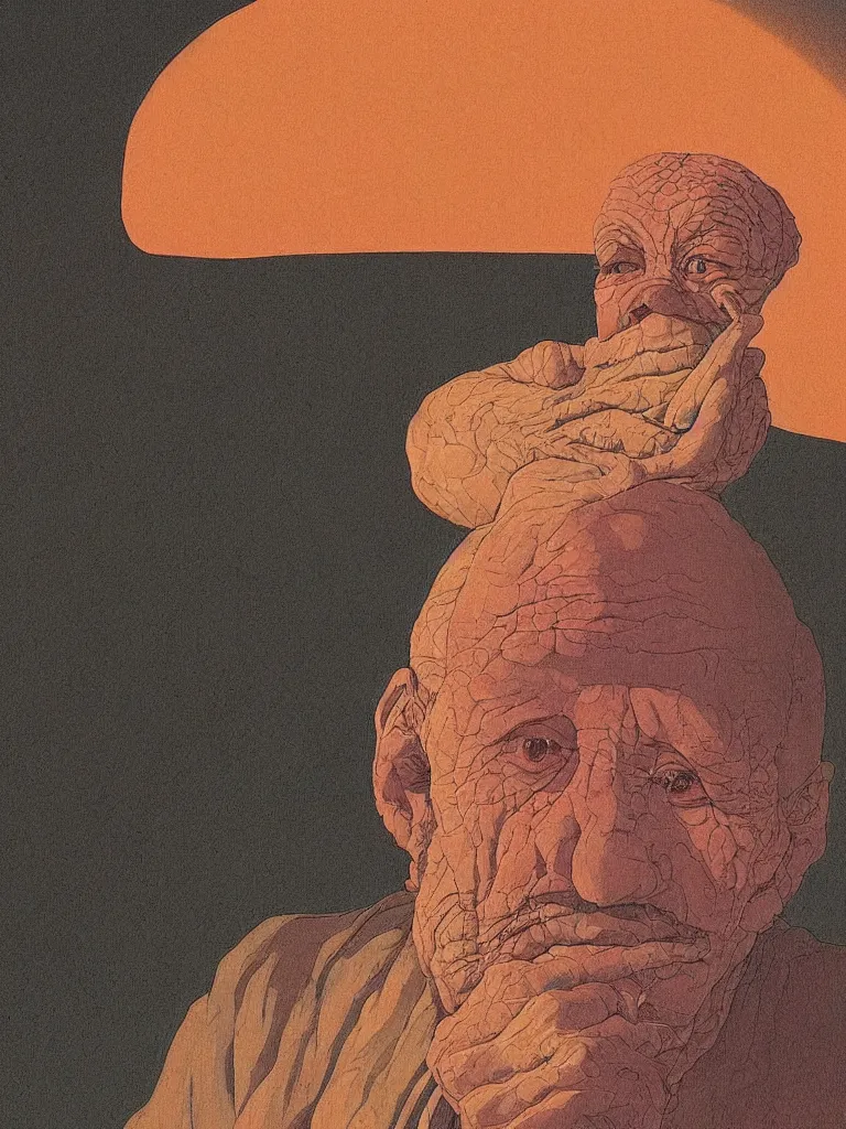 Image similar to a closeup portrait of an wise old man on mind altering drugs, lsd acid and dreaming psychedelic hallucinations in the arrid desert, by kawase hasui, moebius, edward hopper, colorful flat surreal design, dramatic lighting, hd, 8 k, artstation