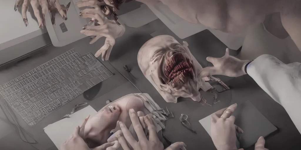 Image similar to realistic cinematic views of corpses as business professionals plugging their skin into a computer, hyper detailed, hyper realistic, digital painting, 8k, 35mm film grain, octane render