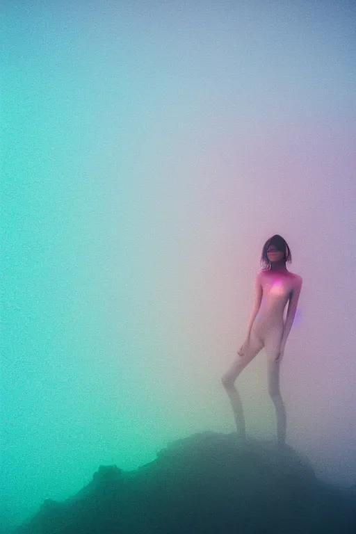 Image similar to high quality pastel coloured film close up wide angle photograph of a model wearing clothing swimming on cloud furniture in a icelandic black rock!! environment in a partially haze filled dreamstate world. three point light, rainbow. photographic production. art directed. pastel colours. volumetric clouds. pastel gradient overlay. waves glitch artefacts. extreme facial clarity. 8 k. filmic.