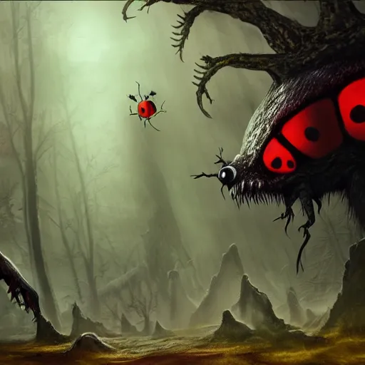 Prompt: ladybug as a monster, fantasy art style, scary atmosphere, nightmare - like dream, 4 k photorealistic, cinematic