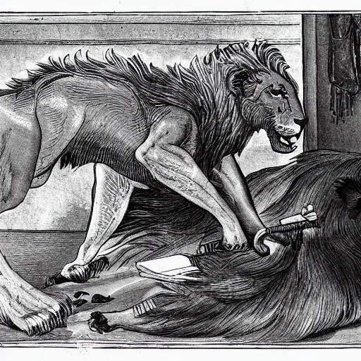 Image similar to photo of a lion beast-man cleaning his room, very detailed, intricantely detailed, psychologist, 55mm photography.