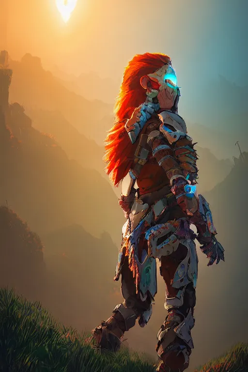 Image similar to combination suit armor aloy horizon forbidden west horizon zero dawn radiating a glowing aura global illumination ray tracing hdr fanart arstation by ian pesty and alena aenami artworks in 4 k tribal robot ninja mask helmet backpack