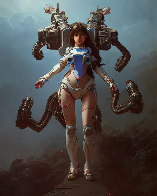 Image similar to d. va from overwatch, character portrait, concept art, intricate details, highly detailed by greg rutkowski, michael whelan and gustave dore