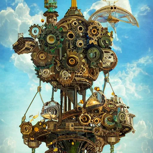 Image similar to flying city in a mechanical flower, flying city, detailed, sky, fantasy art, steampunk, masterpiece