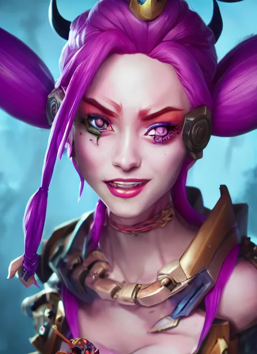 Image similar to jinx the loose canon, from league of legends, hyper detailed, digital art, trending in artstation, cinematic lighting, studio quality, smooth render, fluorescent skin, unreal engine 5 rendered, octane rendered, art style by klimt and nixeu and ian sprigger and wlop and krenz cushart