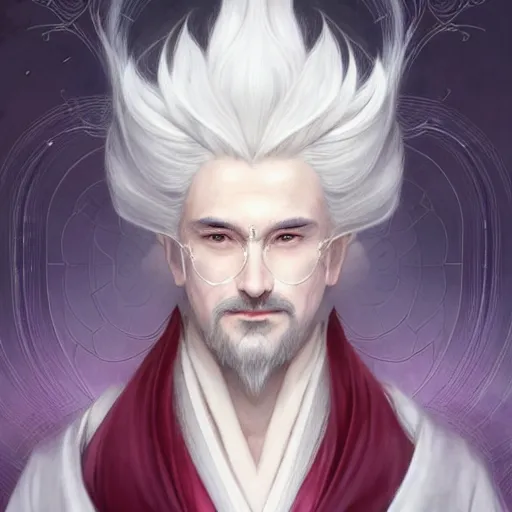 Image similar to white haired robe fu xi full male body portrait, very long white beard and hair, fine delicate prefect face features gaze, aerith gainsborough, elegant, smooth, sharp focus, masterpiece, style of tom bagshaw, cedric peyravernay, peter mohrbacher, victo ngai, pinterest, 4 k hd illustrative wallpaper, animation style, chinese style