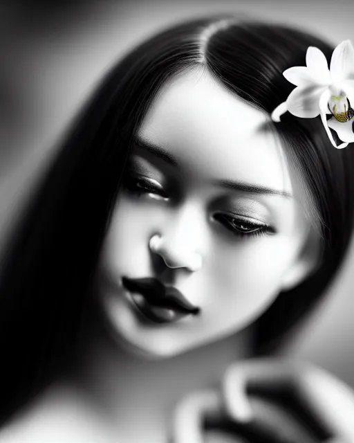 Image similar to black and white dreamy young beautiful veiled female artificial intelligence, realistic orchids ornament in the face, long hair are intricate with highly detailed realistic orchids, cinematic, rim light, bokeh, photo - realistic, elegant, high detail, 8 k, masterpiece, photo taken in 1 9 3 0