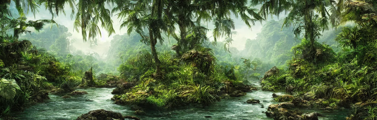 Image similar to painting of a jungle river!! scene on an alien planet by vincent bons. ultra sharp high quality digital render. detailed. beautiful landscape. weird vegetation. water.