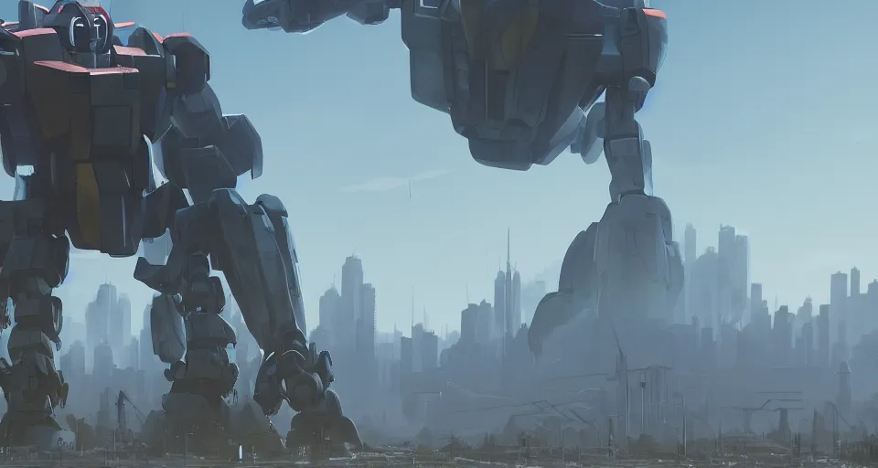 Image similar to Landscape with a GIANT mecha gorilla megastructure looming in the distance, inspired by gundam, cinematic, rendered by simon stålenhag, rendered by Beeple, Makoto Shinkai, syd meade, environment concept, digital art, unreal engine, 3 point perspective, WLOP, trending on artstation, low level, 4K UHD image, octane render,