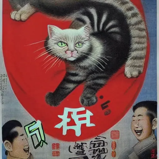 Image similar to picture of a cat on a chinese maoist propaganda poster