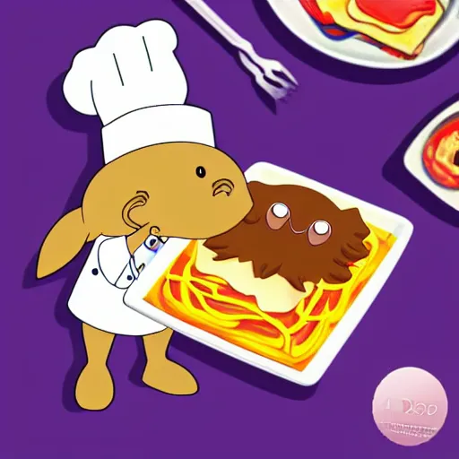 Image similar to anime style cute platypus on a kitchen wearing a chef hat and holding a lasagna into an oven, anime style, 3 d, chibi style, kawaii