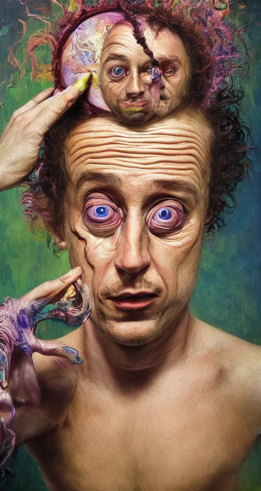 Image similar to weird and disturbing psychedelic pauly shore, diffuse lighting, fantasy, intricate, elegant, highly detailed, lifelike, photorealistic, oil painting, illustration, concept art, smooth, sharp focus, art by francis bacon