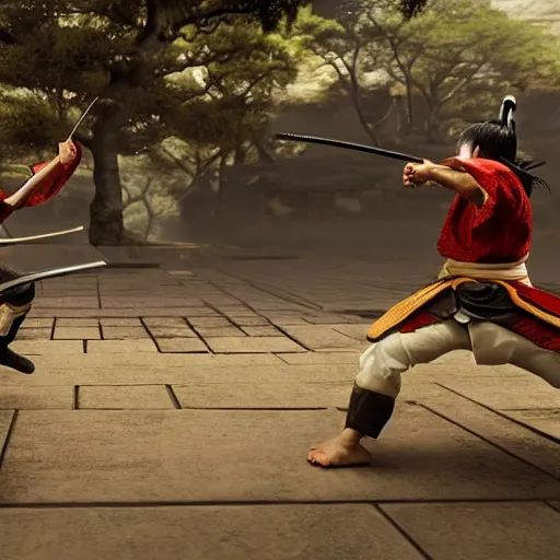 Image similar to an action fight scene between a samurai and a ninja, unreal engine, hyper realistic, high detail, cinematic, magic, japan, temples,