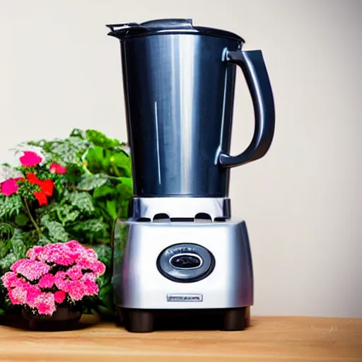 Prompt: a kitchen blender full of trees, plants, and flowers, will it blend