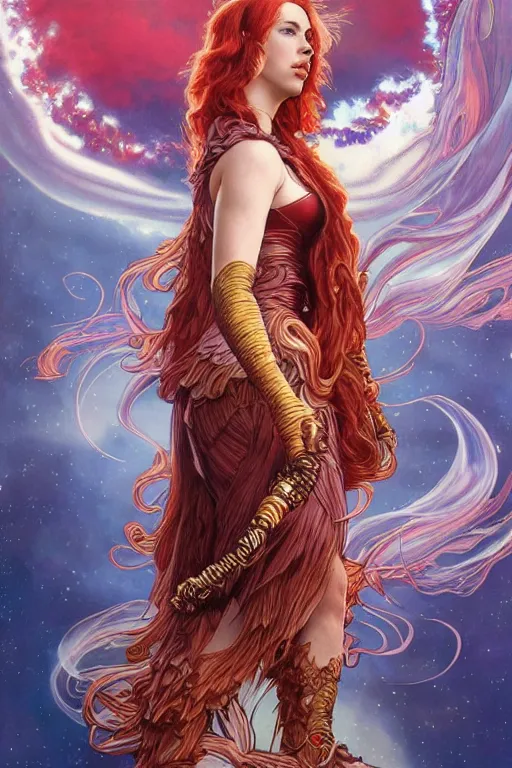 Image similar to celestial scarlett johansson as anthropomorphic irish setter, by artgerm and yoshitaka amano and moebius and alphonse mucha, hyperdetailed, dc comics, ornate, nebula, explosions in the sky, trending on artstation