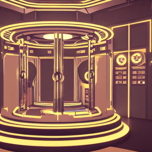 Prompt: Tardis console room, Art Deco style, by Moebius and Beeple. Very highly detailed 8K, Octane render