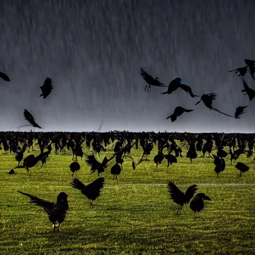 Prompt: A field full of crows, dark sky, trending on unsplash.