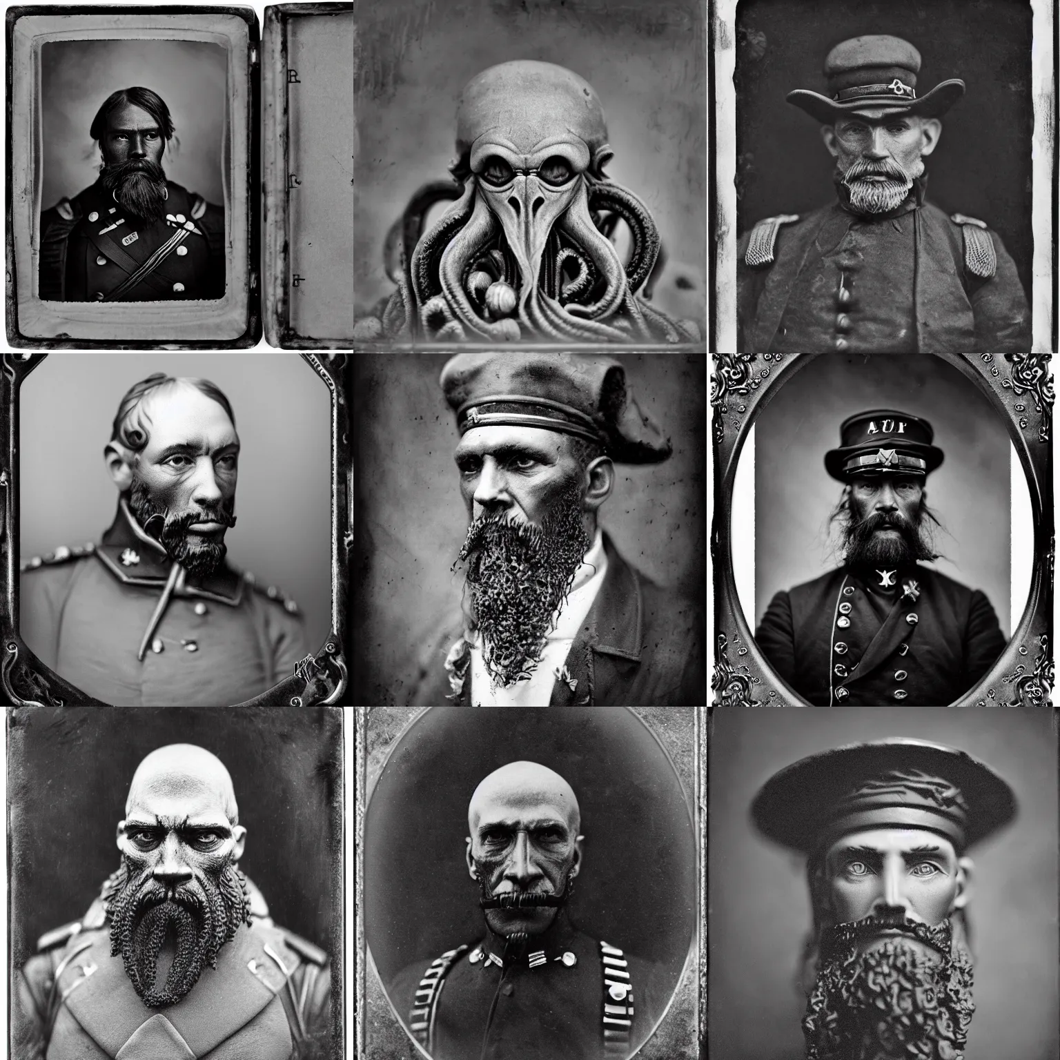 Prompt: civil war portrait of general cthulhu, black and white, wet-plate photography, shallow depth of field, detailed, uniform, 8k,