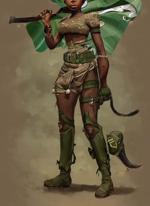 Image similar to a highly detailed illustration of cute african girl wearing military uniform and green officer cap riding!!! on giant dog!!!, dramatic standing pose, perfect face, intricate, elegant, highly detailed, centered, digital painting, artstation, concept art, smooth, sharp focus, league of legends concept art, wlop