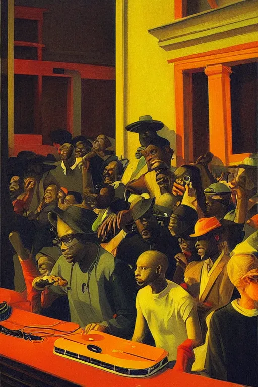 Prompt: a rap concert, a set of dj hiphop style on harlem street, Edward Hopper and James Gilleard, Zdzislaw Beksisnski, highly detailed