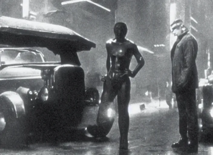 Prompt: scene from the 1932 science fiction film Blade Runner with the main character standing next to a vehicle