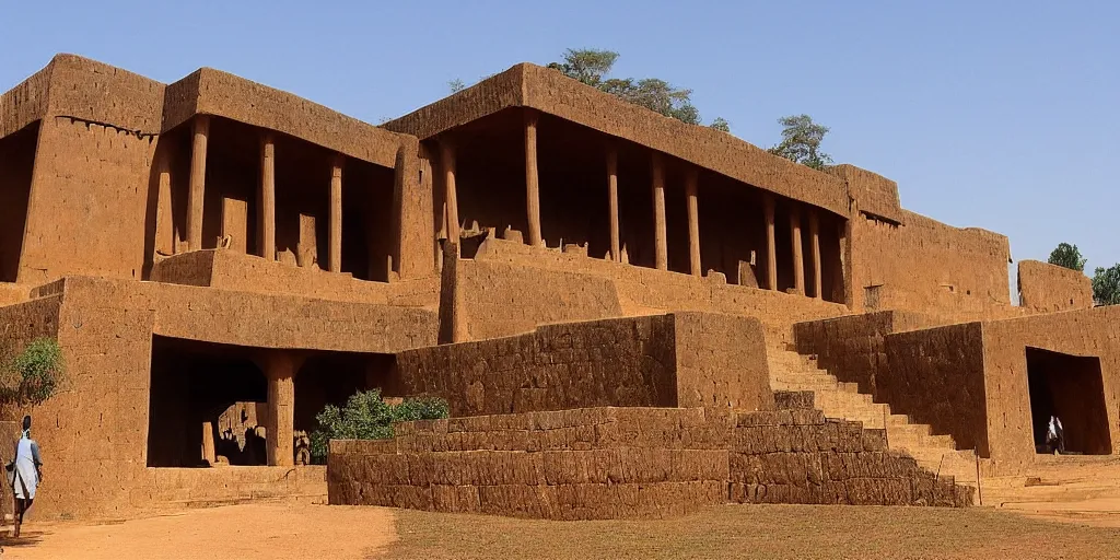 Image similar to ashanti rammed earth palace, 1 8 7 4, the palace is located atop a hill and overlooks a traditional african city, there a lush forest surrounds it