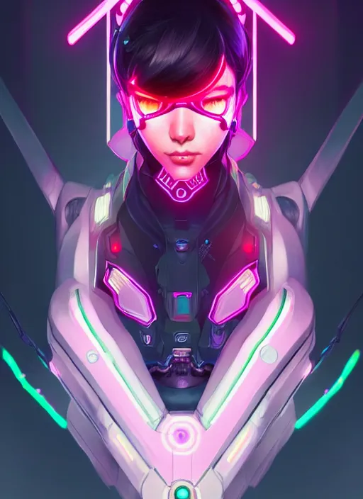 Image similar to symmetry portrait of dva from overwatch, sci - fi, tech wear, glowing lights intricate, elegant, highly detailed, digital painting, artstation, concept art, smooth, sharp focus, illustration, art by artgerm and greg rutkowski and alphonse mucha