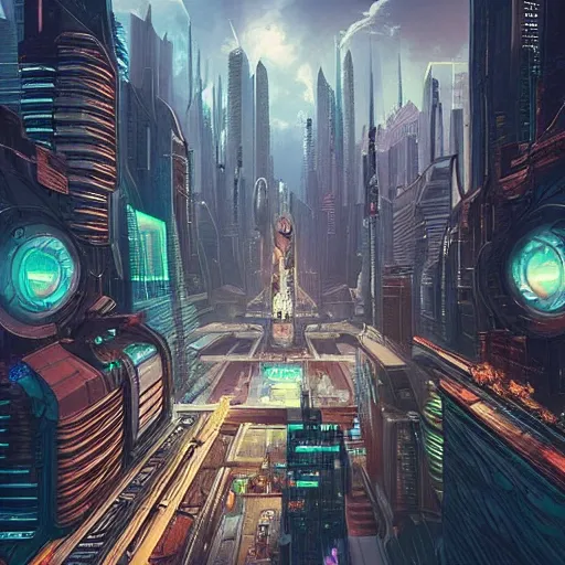 Prompt: “ a cat looking down on a futuristic city, ghostpunk, very detailed, trending on artstation ”