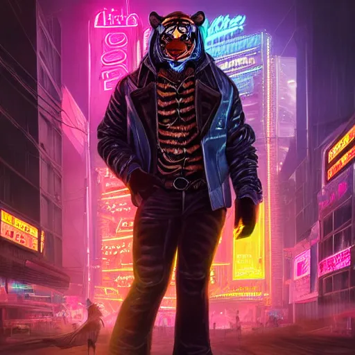 Prompt: a beautfiul award winning commission portrait of an anthro tiger in the neon cyberpunk city at night,wearing a leather jacket,glow effect,detailed face,photorealistic,character design by charles bowater,ross tran,deviantart,artstation,digital art,hyperdetailed,realistic,western comic style,vfx,dramatic,2021