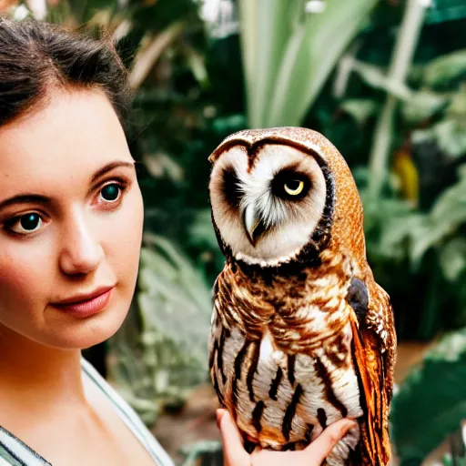 Image similar to close up portrait of beautiful woman wearing a pizza in a tropical greenhouse with an owl on her shoulder, bokeh, cinematic colors