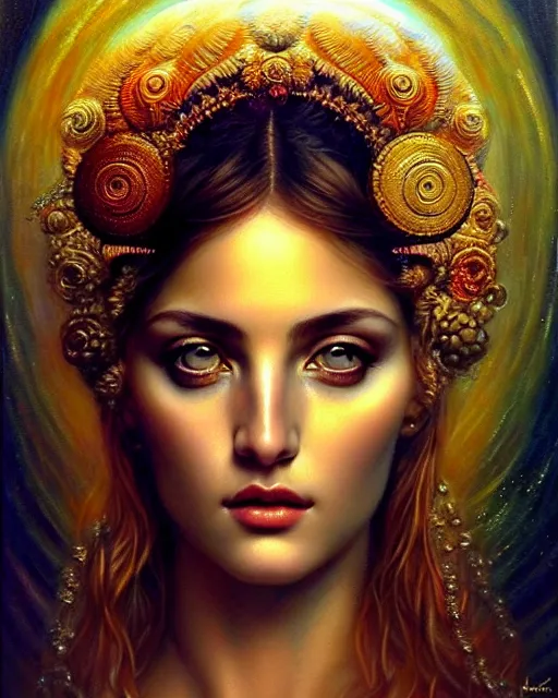 Prompt: portrait of the beautiful young aphrodite's goddess, unusual beauty, esoteric, outher worldly colours, head in focus, fantasy art, ornamental, intricate, elegant, highly detailed hyperrealistic painting, artstation, concept art, painterly, golden ratio, sharp focus, illustration, art by karol bak