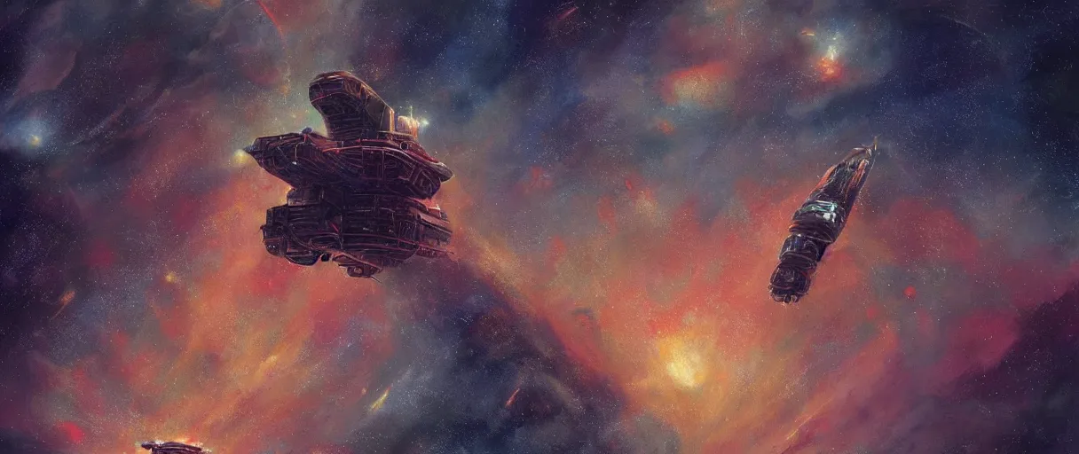 Image similar to concept art, exploration spaceship drifting in space, the expanse tv series, industrial design, immensity, alone in a nebula, cinematic lighting, 4k, widescreen ratio, by sparth, beksinski