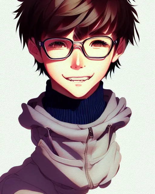 Image similar to teen boy with short chopped brown hair, bangs, unibrow, nerdy smile, portrait shinkai makoto studio ghibli studio key hideaki anno sakimichan stanley artgerm lau rossdraws james jean marc simonetti elegant highly detailed digital painting artstation pixiv