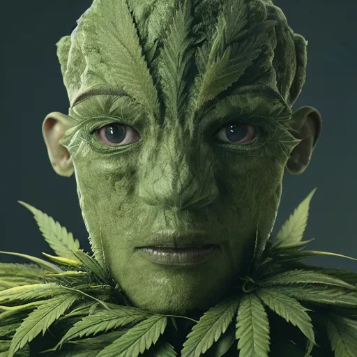 Image similar to Humanoid in the shape of a cannabis plant, realistic artstyle, wide shot, dramatic lighting, octane render, hyperrealistic, high quality, highly detailed, HD, beautiful, cinematic, 8k, unreal engine, facial accuracy, symmetrical