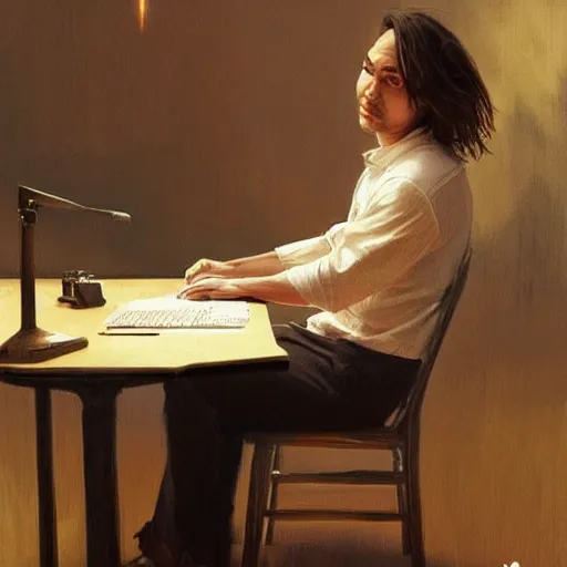 Prompt: Frank Dillane sitting on a chair at a desk writing music, a guitar leans against his leg, music notes float in the air, artstation, concept art, smooth, sharp focus, illustration, art by artgerm and greg rutkowski and alphonse mucha