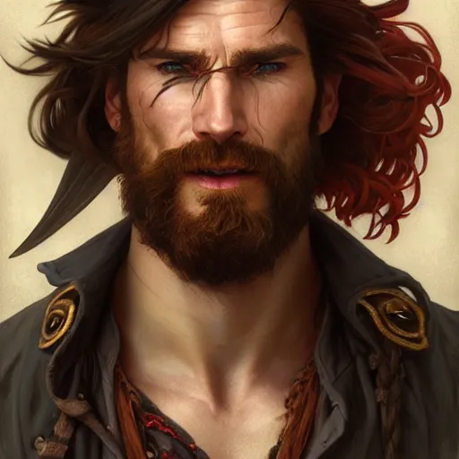 Image similar to portrait of a young ruggedly handsome but joyful pirate, male, masculine, upper body, deep crimson hair, long hair, d & d, fantasy, roguish smirk, intricate, elegant, highly detailed, digital painting, artstation, concept art, matte, sharp focus, illustration, art by artgerm and greg rutkowski and alphonse mucha