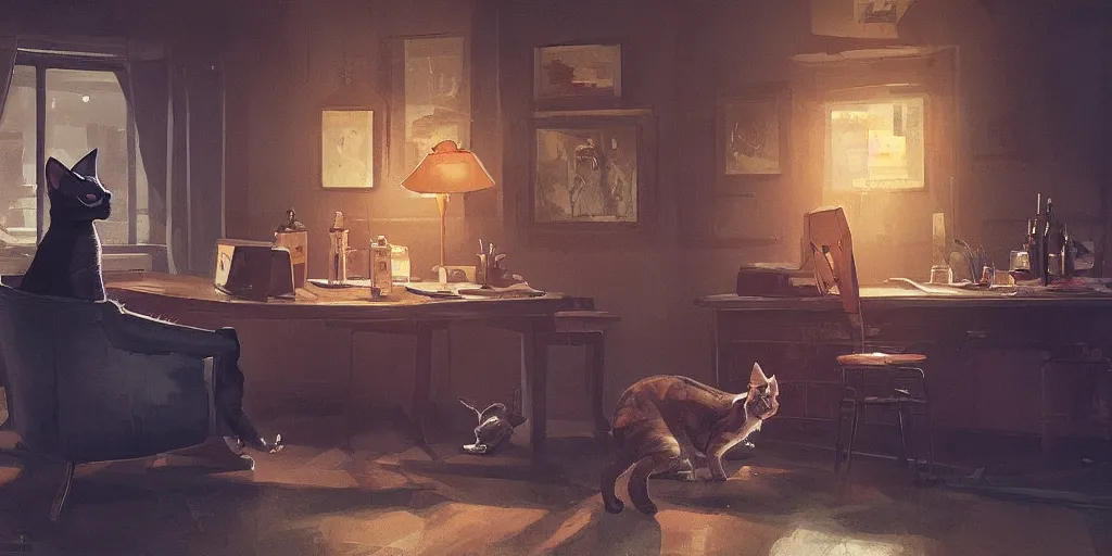 Prompt: cat detective drinking at his office, zenith view, warm color palette, night time, dramatic lighting, noir film, fine details, high contrast, blacksad, juan diaz canales, juanjo guarnido, greg rutkowski, trending on artstation, 8 k, ultra wide angle