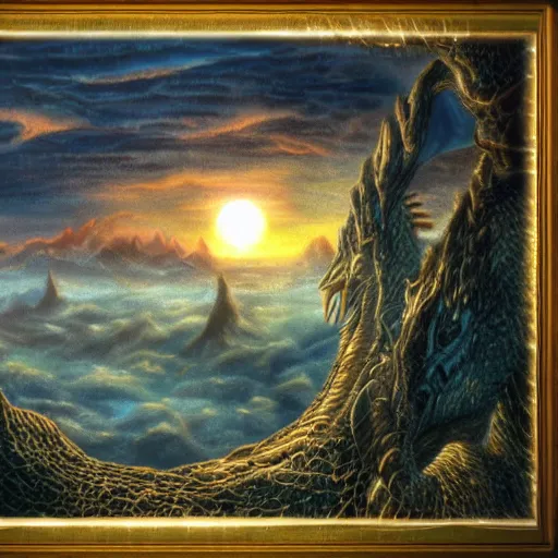 Prompt: steampunk ent dragon from lord of the rings, high detail, realistic, pastel, complex, dark, magical natural mountainous background with setting sun, smoke in sky