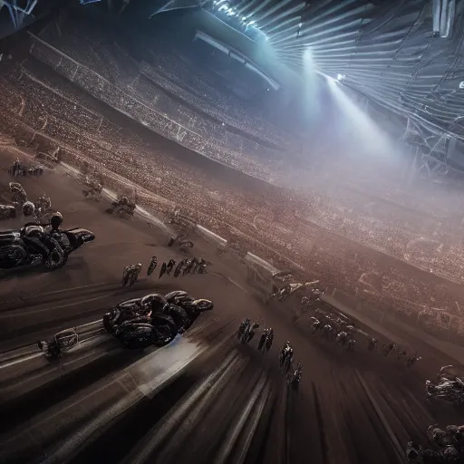 Prompt: photo, inside a brtualist dystopian futuristic race track, men riding on the backs of giant mutant cyborg animatronic horse monsters across a circus maximus style sand racetrack in a pit below a massive crowd of rowdy fans, moody and brutal, dramatic lighting, volumetric fog and haze, light beams, violent, 4 k, ultra - detailed, beautiful