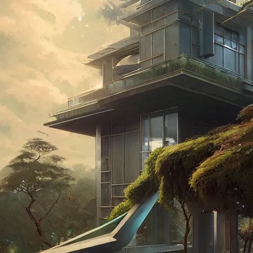 Image similar to highly detailed futuristic house design by kengo kuma, unreal engine, fantasy art by greg rutkowski, loish, rhads, ferdinand knab, makoto shinkai and lois van baarle, ilya kuvshinov, rossdraws, tom bagshaw, global illumination, radiant light, detailed and intricate environment