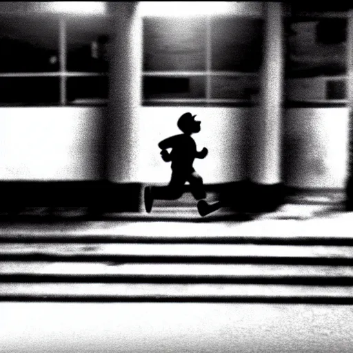 Prompt: mario running from the cops, cctv camera footage, camera footage, blurry camera footage, black and white