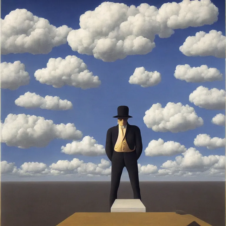 Image similar to cloud - man, by rene magritte, centered, detailed painting, hd, hq, high resolution, high detail, 4 k, 8 k