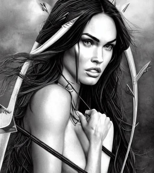 Image similar to portrait of beautiful megan fox as greek goddess aphrodite as an archer, arrow crown, beautiful piercing eyes, flowing blonde hair, realistic face, black and white drawing, in the style of greg rutkowski, fantasy, amazing detail, epic, intricate, elegant, smooth, sharp focus