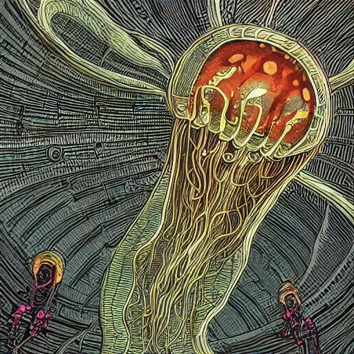 Prompt: hyperdetailed childrenbook illustration of a voluptuous jellyfish, mixed media in the style of ernst haekel, with cyberpunk details. seen from the distance. hd matte background