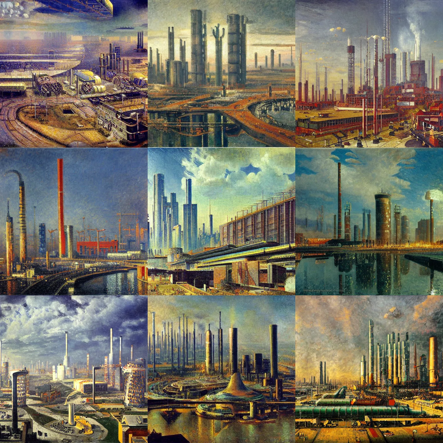 Prompt: futuristic soviet city with factories by Lajos Berán, Albert Bierstadt, Robert Henderson Blyth, Claude Bonin-Pissarro, Sandro Botticelli